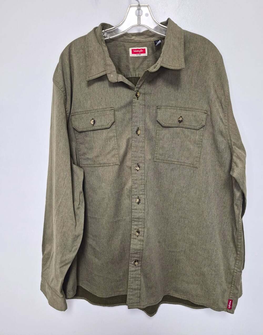 Wrangler Twill Solid Green Long Sleeve Snap Button-Up Shirt w/ Pockets sz 2XL